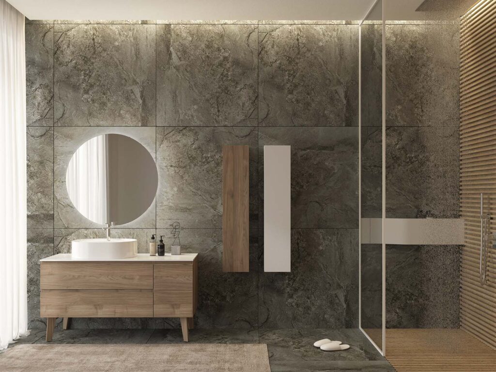 Mobile bagno stile industriale in rovere massello con cassetti